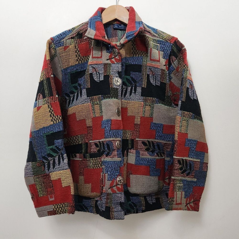 Jane Ashley Multicolor Tapestry Patchwork Jacket - Red, Blue, Black, Tan
